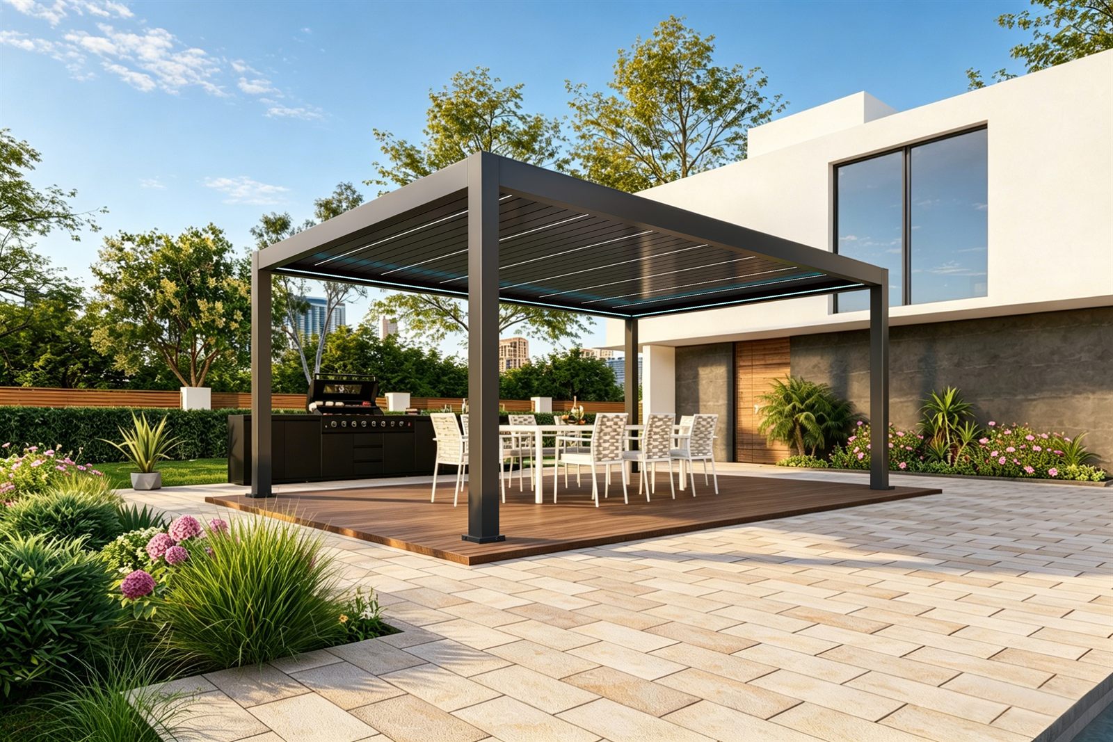 Aero pergola sa zatvorenim lamelama i LED rasvjetom