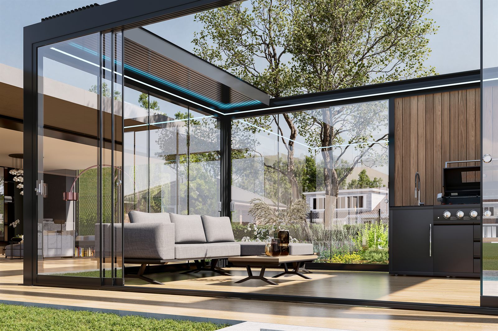 Infinity pergola sa staklenim stijenama i LED rasvjetom