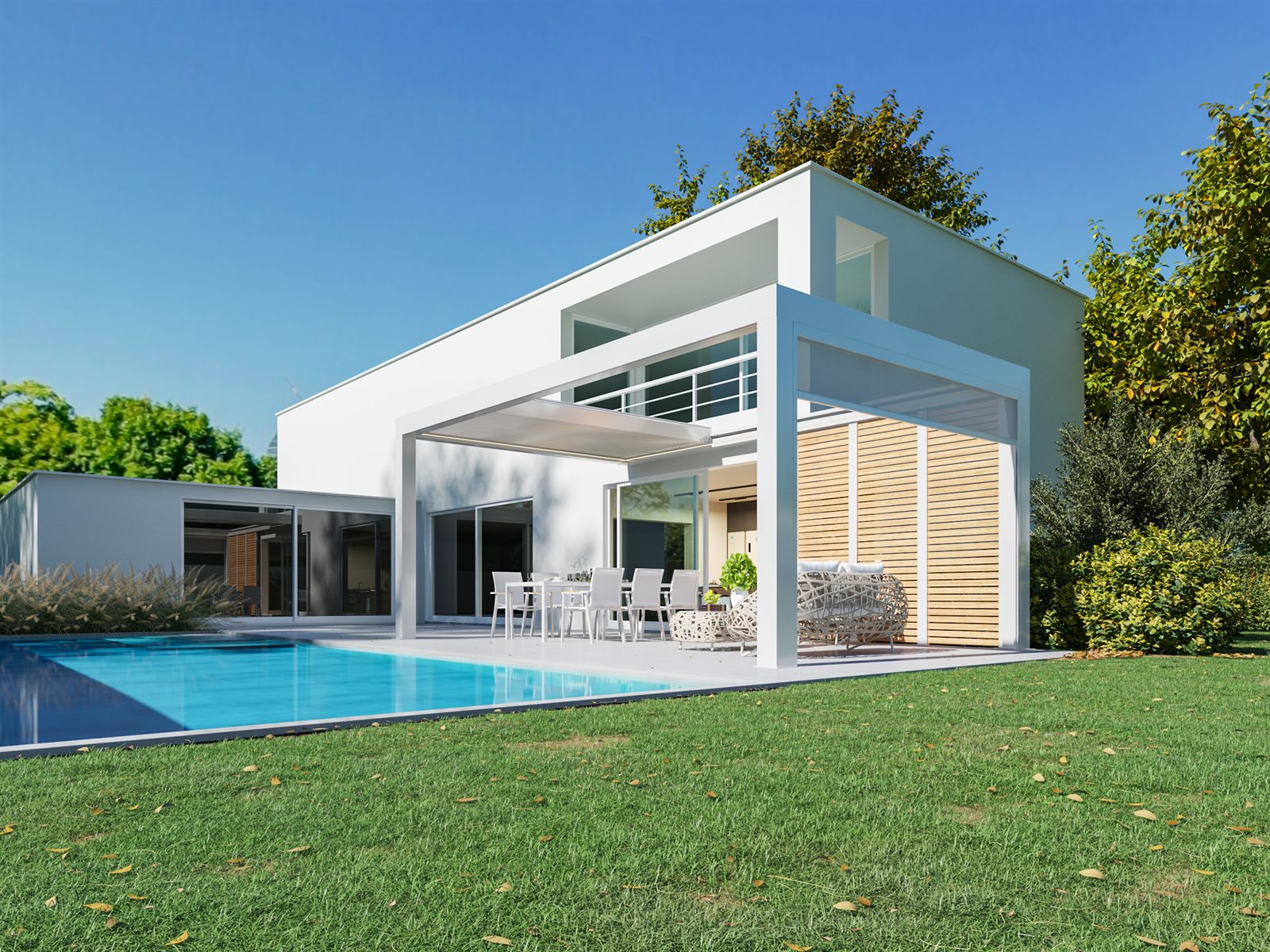 Skyline pergola u bijeloj boji, pogled sa strane